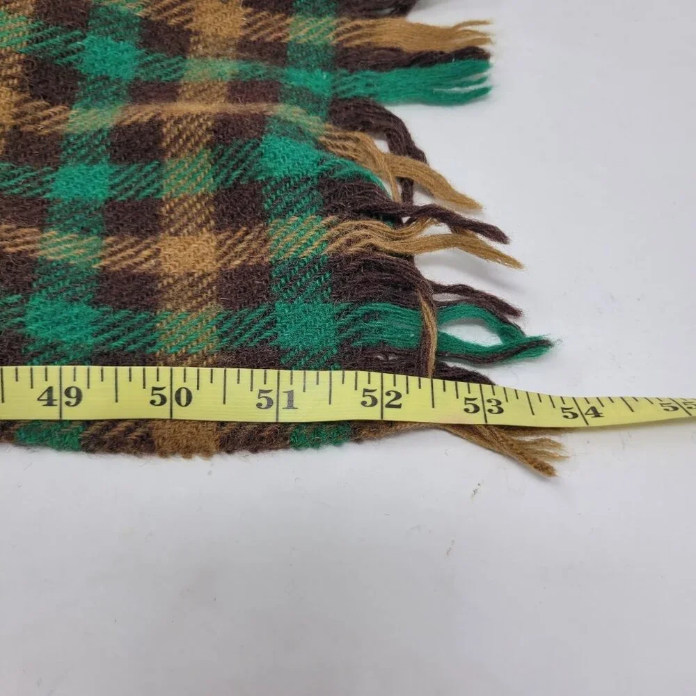 VINTAGE Scarf Shetland Wool Woven Scotland 54" X 10" Green Brown Tartan Fringe - Picture 5 of 5